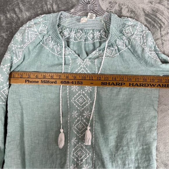 Joie Light Blue 100% Linen Embroidered Peasant Blouse Top Small Lagenlook Tassel - Picture 11 of 14